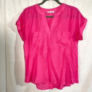MINE Pink Textured Short Sleeve Split‎ Neck Top Womens Size S